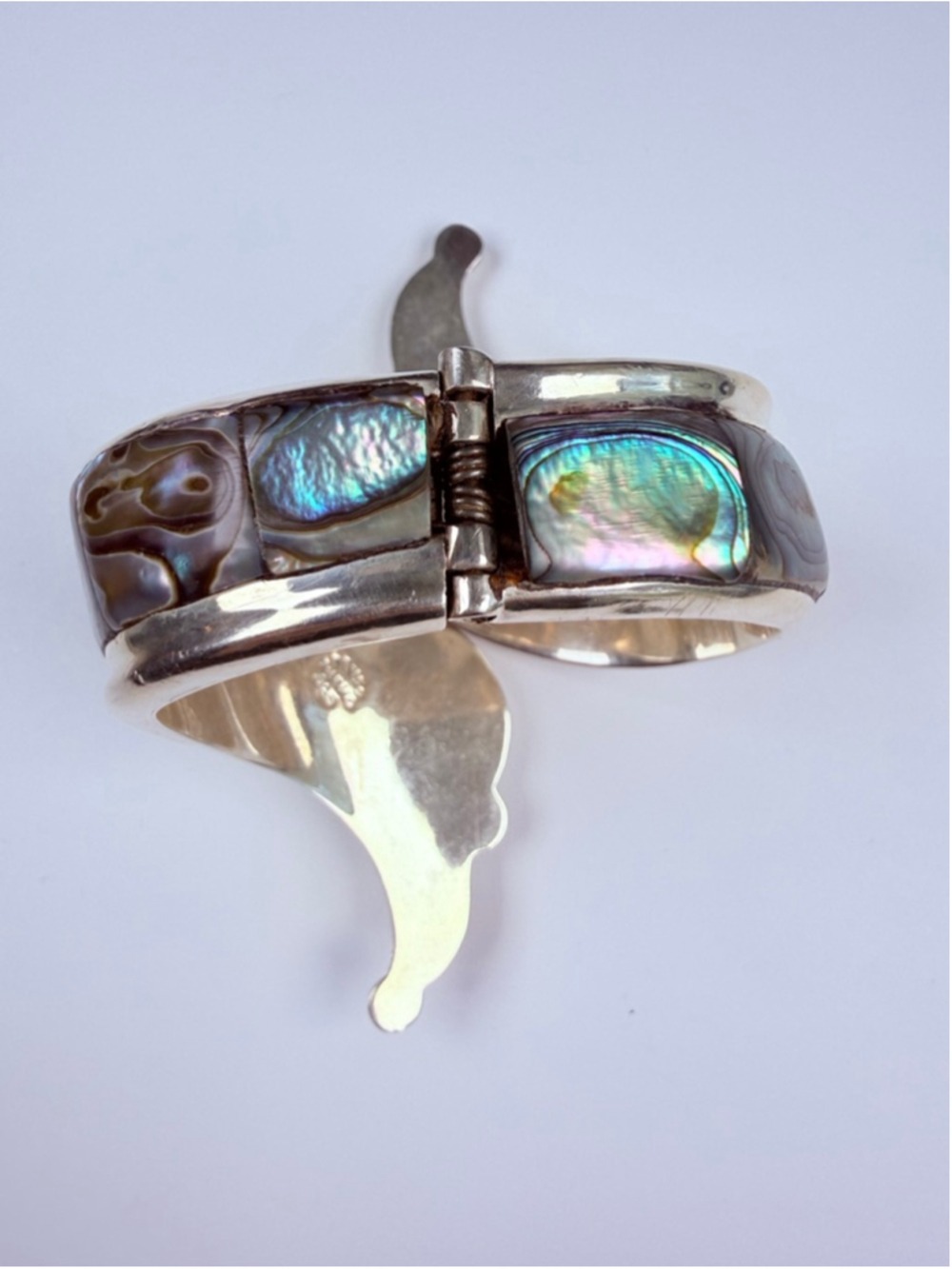 Taxco Massive Modernist Abalone Ornate Sterling Silver Clamper Cuff VTG Bracelet - Picture 9 of 13